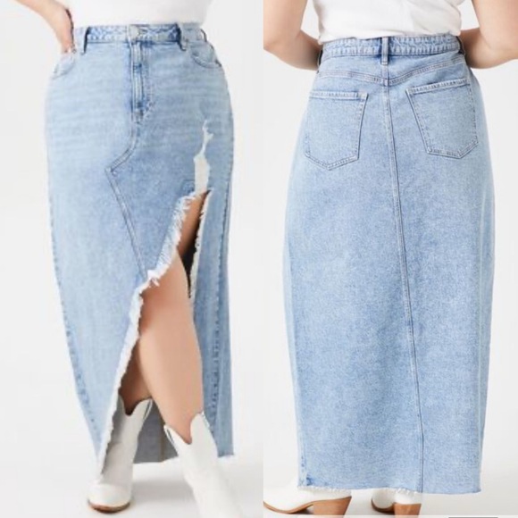 FOREVER 21 Distressed Raw Hem Coastal Cowgirl Front Slit Denim Maxi Skirt - Picture 1 of 11